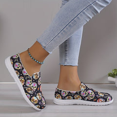 Women's Calavera Pattern Slip-On Shoes Low Non-Slip Flat Halloween Shoes