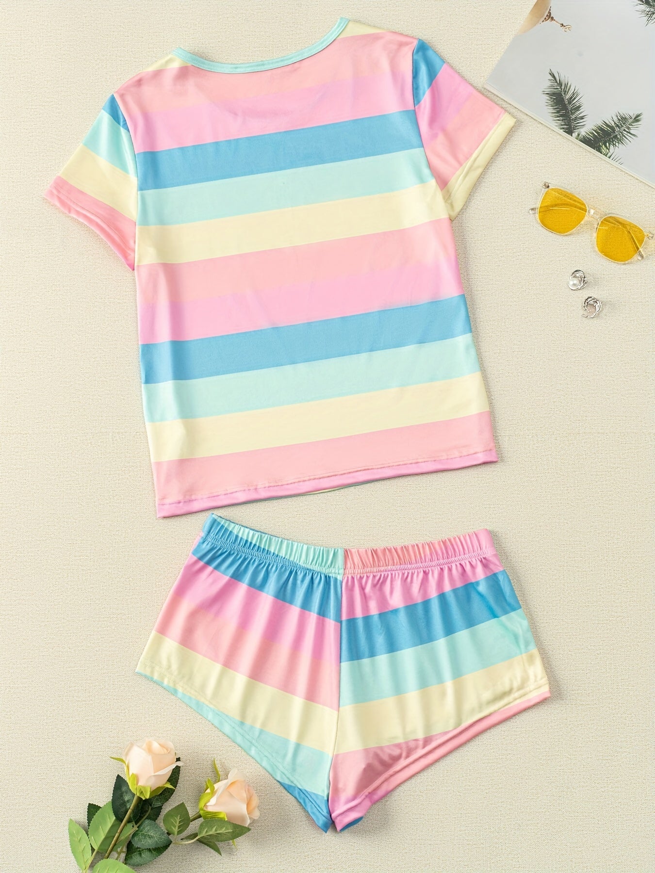 Rainbow Stripe Pajama Set Cozy Shorts & Crew Neck Top Women's Loungewear