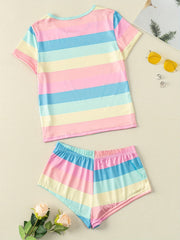 Rainbow Stripe Pajama Set Cozy Shorts & Crew Neck Top Women's Loungewear