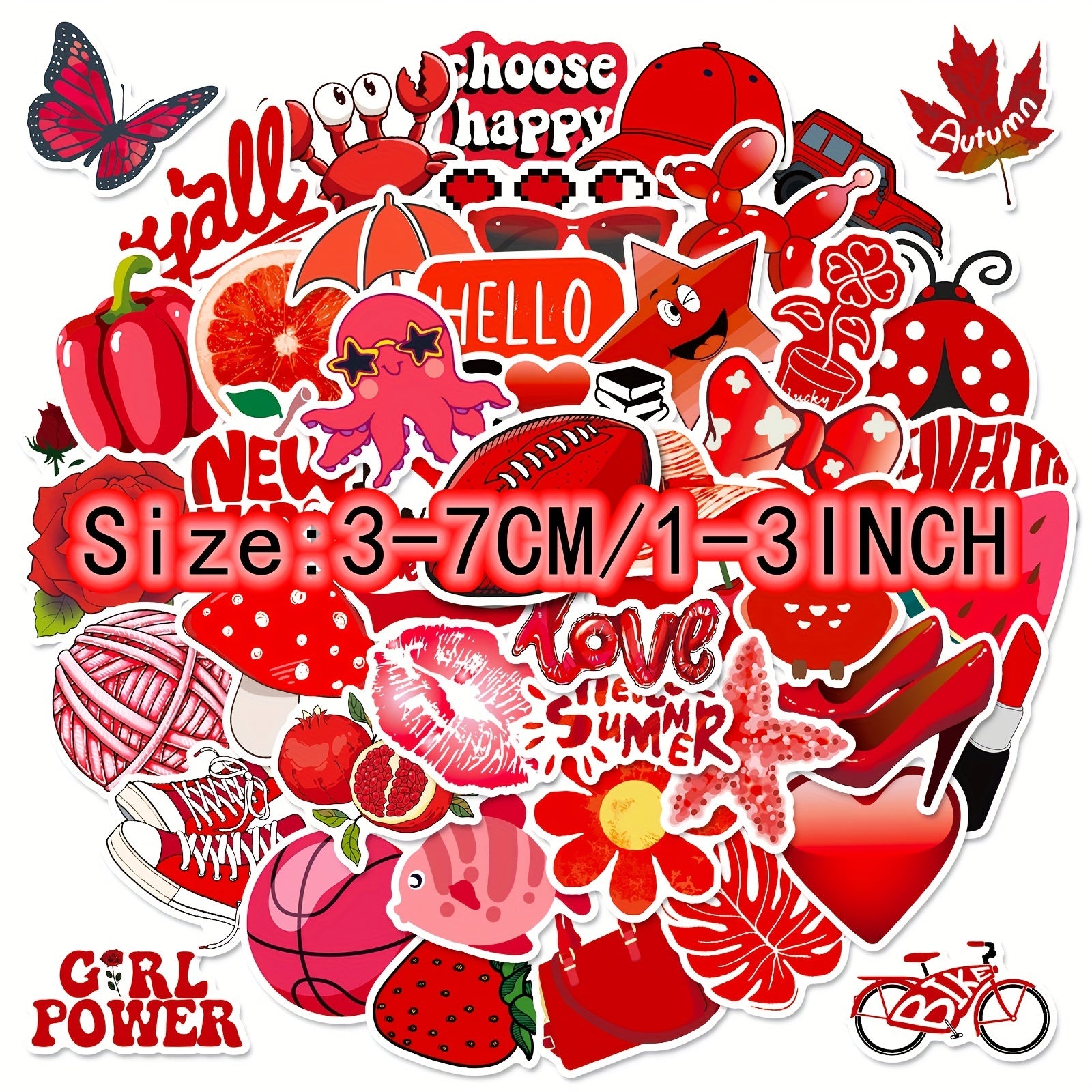 50pcs Red Mix & Match Small Fresh Cartoon Stickers DIY Waterproof Decoration