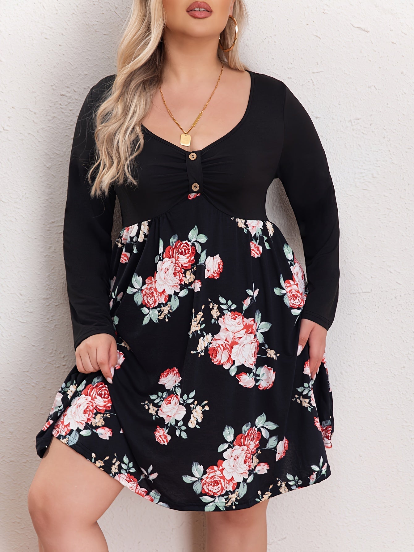 Colorblock Floral Print V Neck Dress