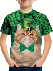 St Patrick's Cat Boy's Short Sleeve T shirt Breathable Loose Fitting