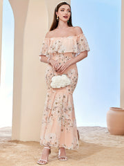 Floral Off Shoulder Bridesmaid Dress Ankle Length