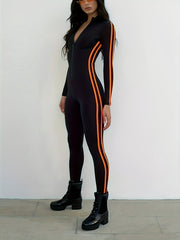 Stripe Long Sleeve Bodysuit Zipper Front Yoga Jumpsuit