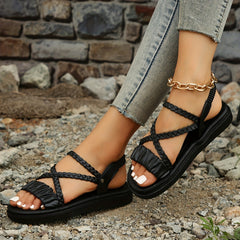 Women's Solid Pleated Sandals Cross Strap Lightweight Summer Shoes
