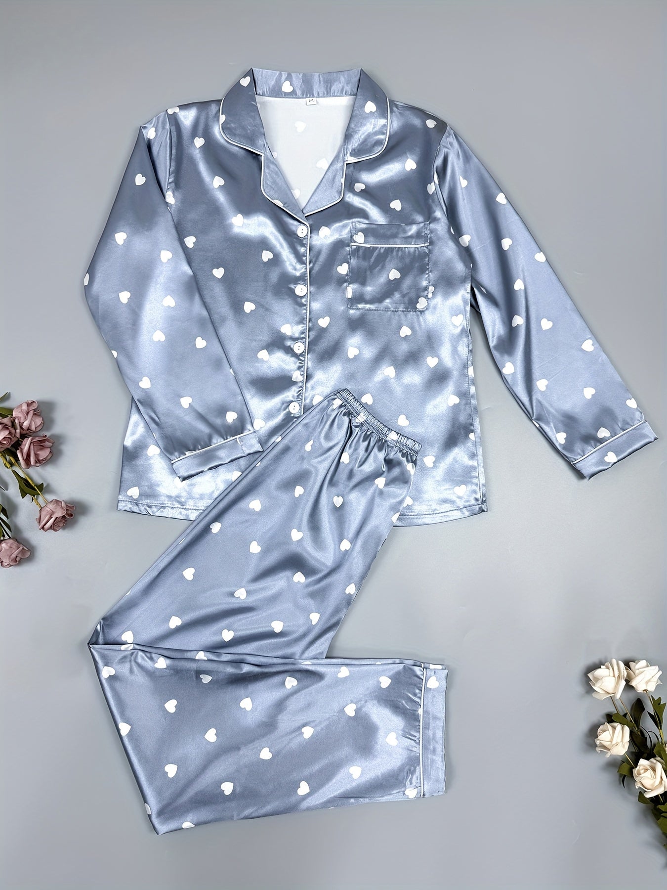 Heart Print Pajama Set Long Sleeve Top & Pants Women's Sleepwear