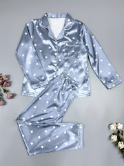 Heart Print Pajama Set Long Sleeve Top & Pants Women's Sleepwear