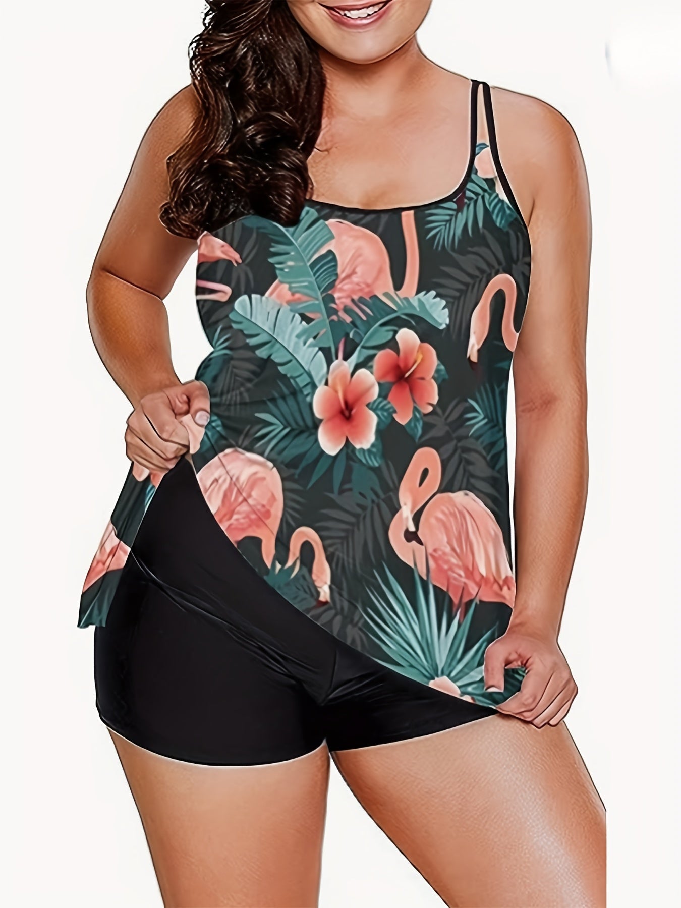 Vacay Tankini Set Tropical Print Round Neck Cami Top & Shorts Swimsuit