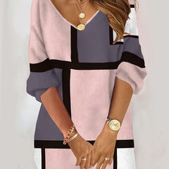 Colorblock Long Sleeve V Neck Mini Dress