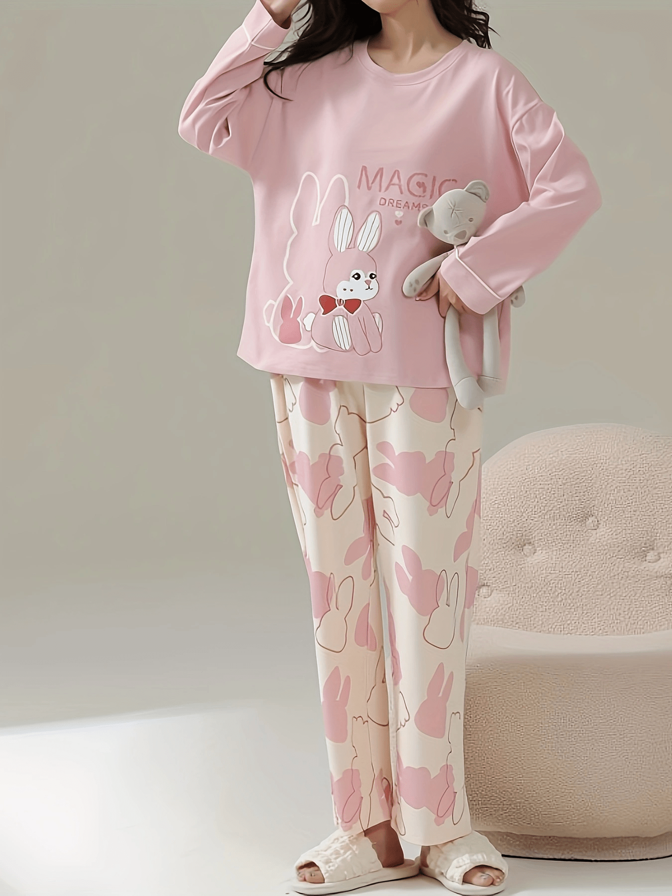 Bunny Print Pajama Set Long Sleeve Crew Neck Top & Pants
