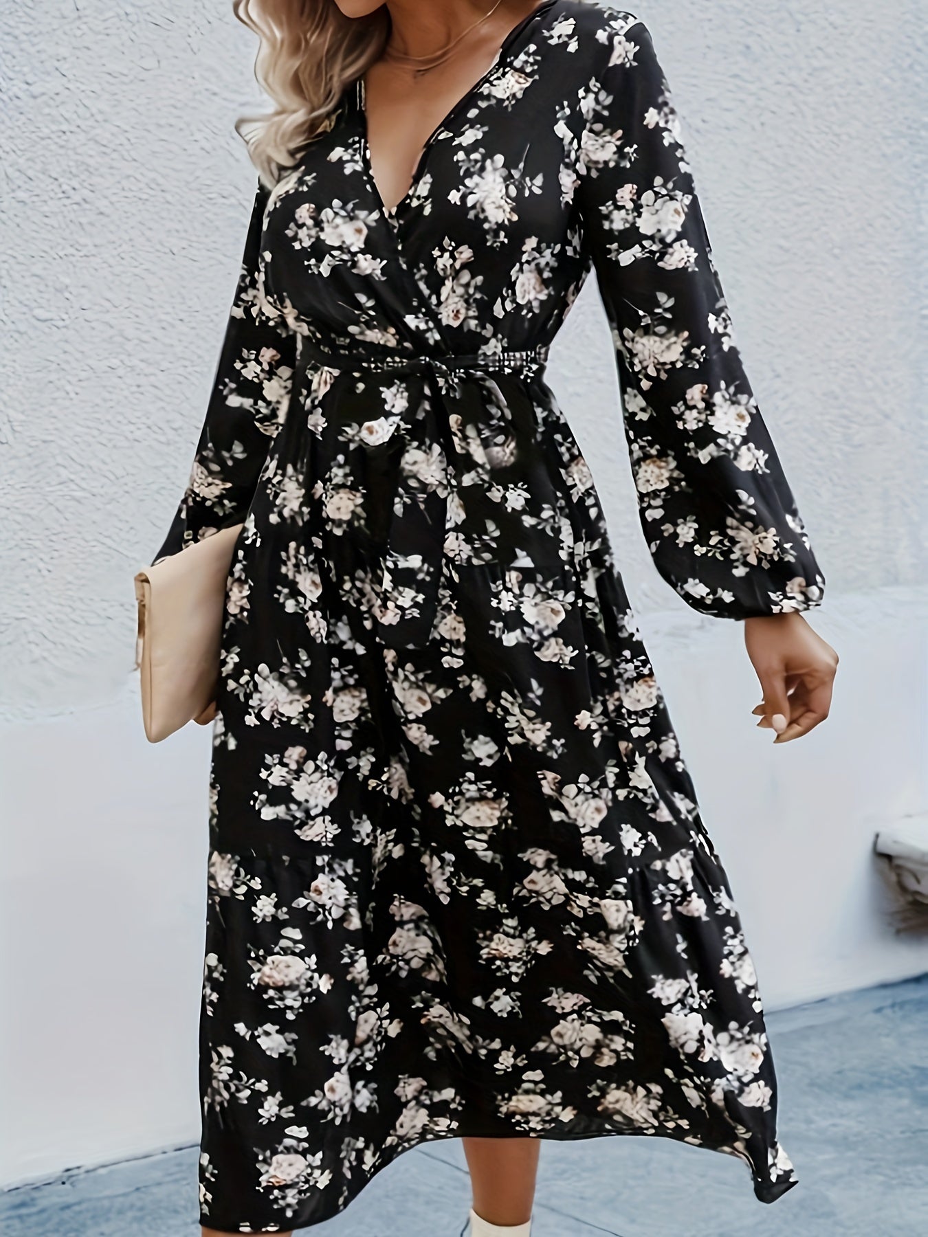 Women's Plus Floral Print Long Sleeve Dress With Belt