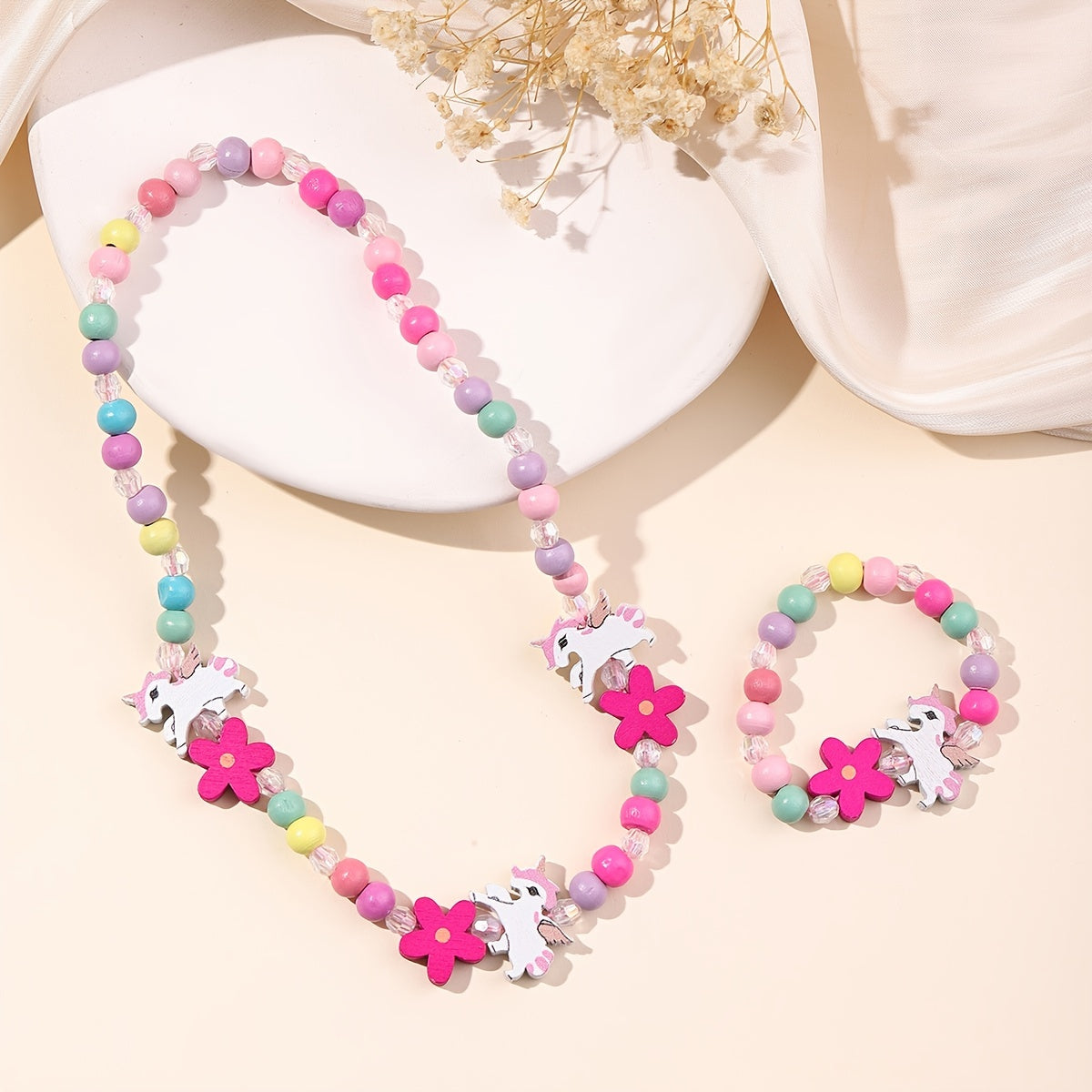 2pcs Unicorn Mermaid Beaded Bracelet Necklace Set for Girls