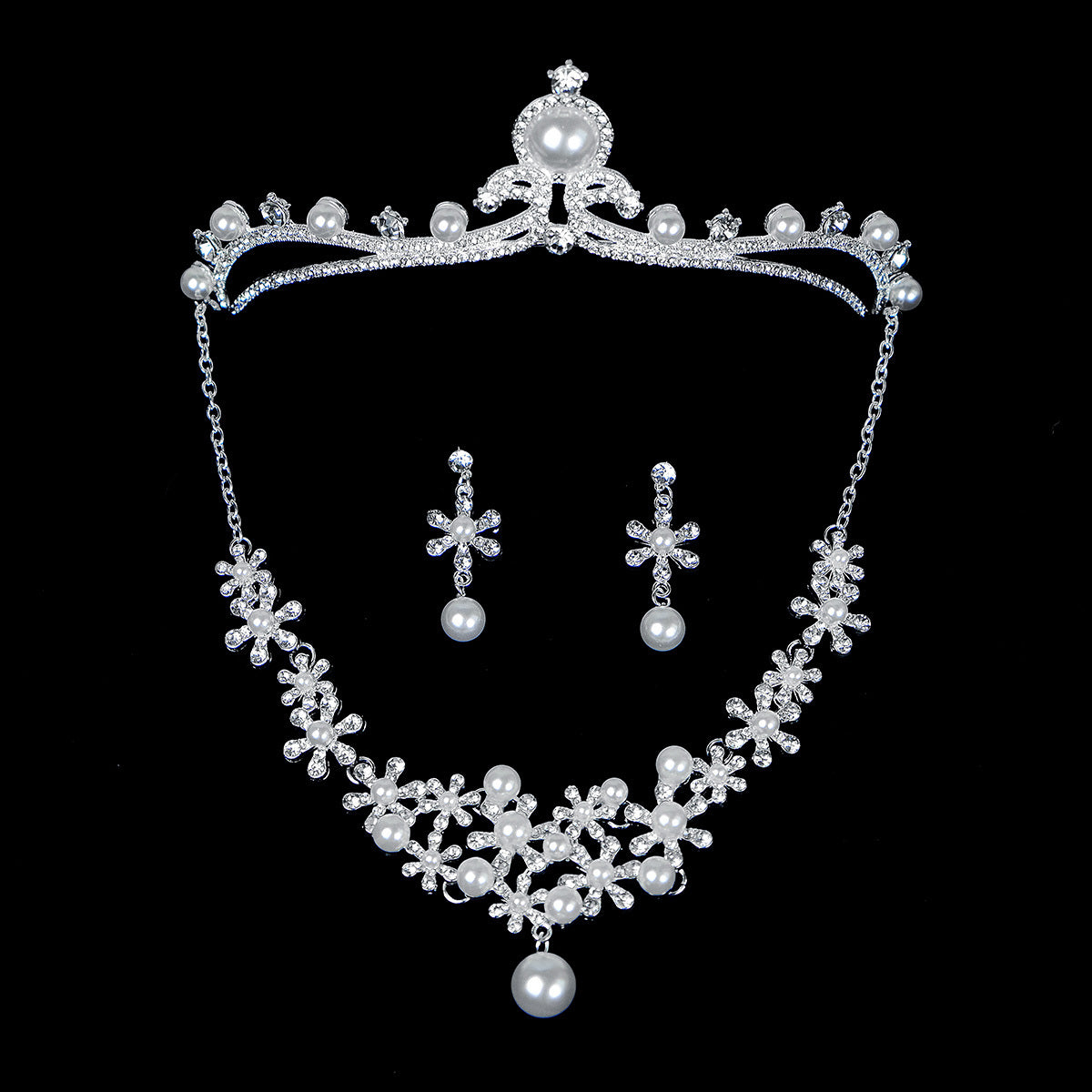 Bridal Rhinestone Jewelry Set: Crown, Hairpiece, Vine Neck