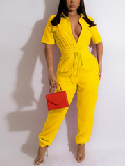 Solid Crop Sleeve Blouse Collar Fitted Tie Women Leisure Cargo Jumpsuit