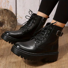 Women's Lace-Up Combat Boots Round Toe Side Zip Outdoor Short Boots