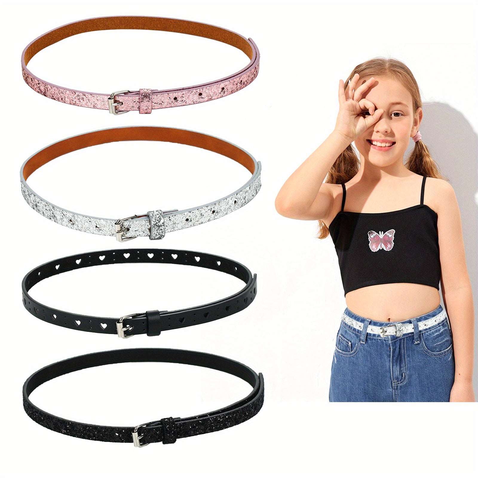 4pcs Needle Buckle Belts For Kids Back To School Gift Silver Pink Silver