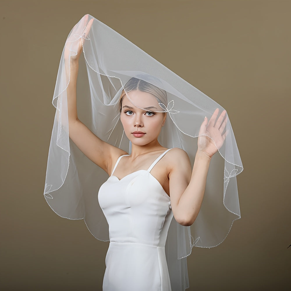 Chic Beaded Crystal Lace Wedding Veil