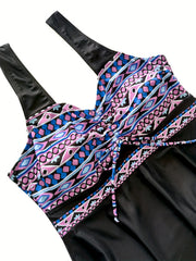 Women's Plus Size Boho Tankini Set Geo Print Lace Dress & Shorts