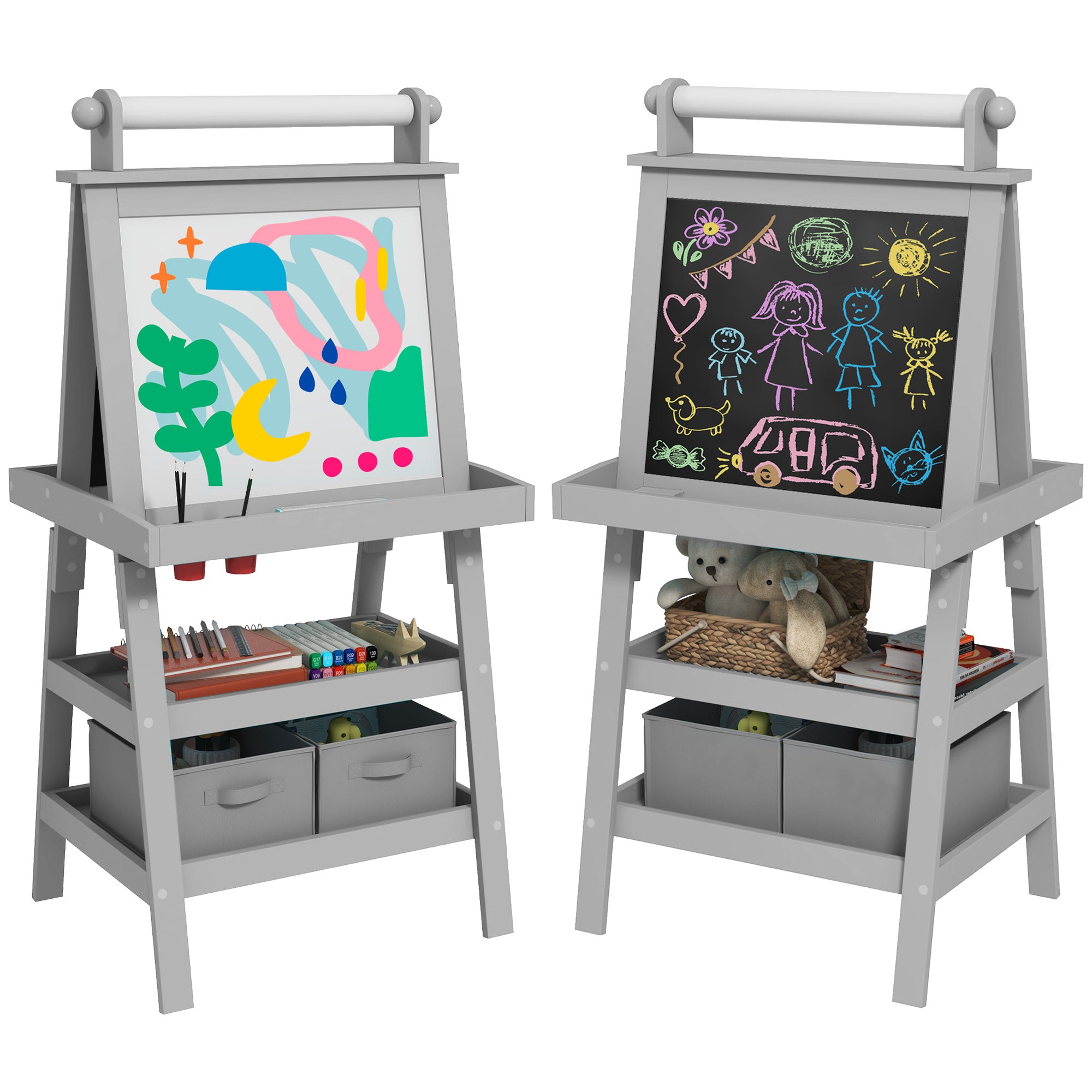 Kids Art Easel with Paper Roll, 3-in-1 Double-Sided Whiteboard & Chalkboard