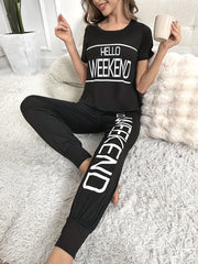 Letter Print Pajama Set Short Sleeve Crew Neck Top & Elastic Waistband Pants