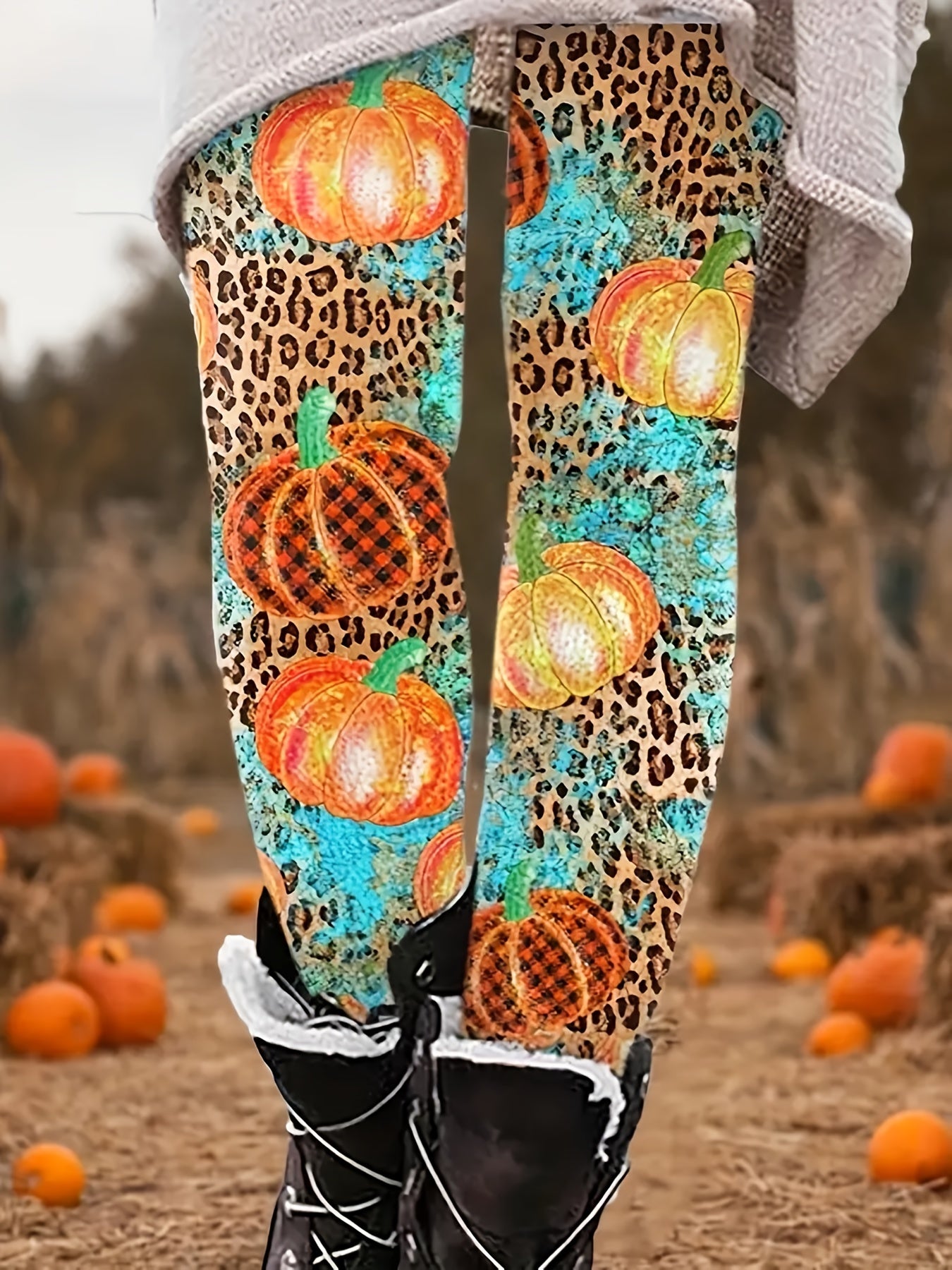 Halloween Boho Leggings Women's Plus Leopard & Pumpkin Print Leggings