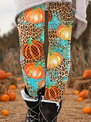 Halloween Boho Leggings Women's Plus Leopard & Pumpkin Print Leggings