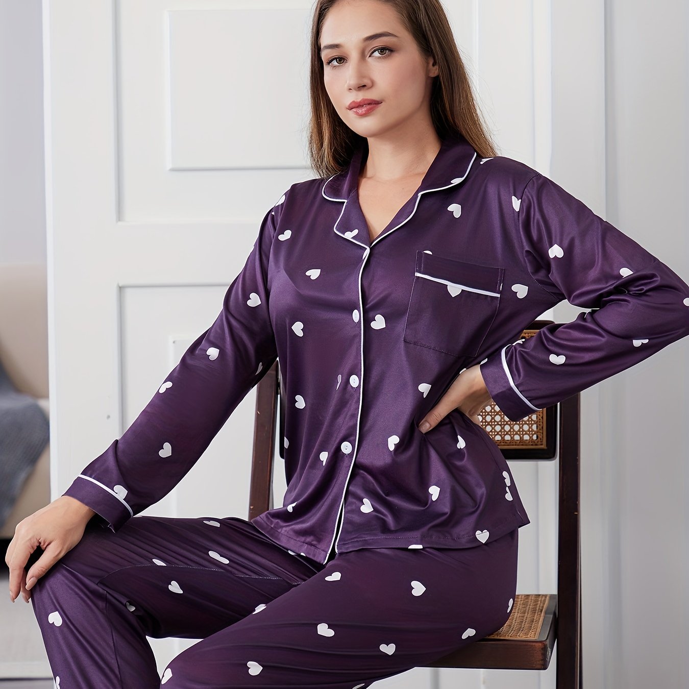 Heart Print Pajama Set Long Sleeve Button Top & Pants