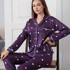 Heart Print Pajama Set Long Sleeve Button Top & Pants