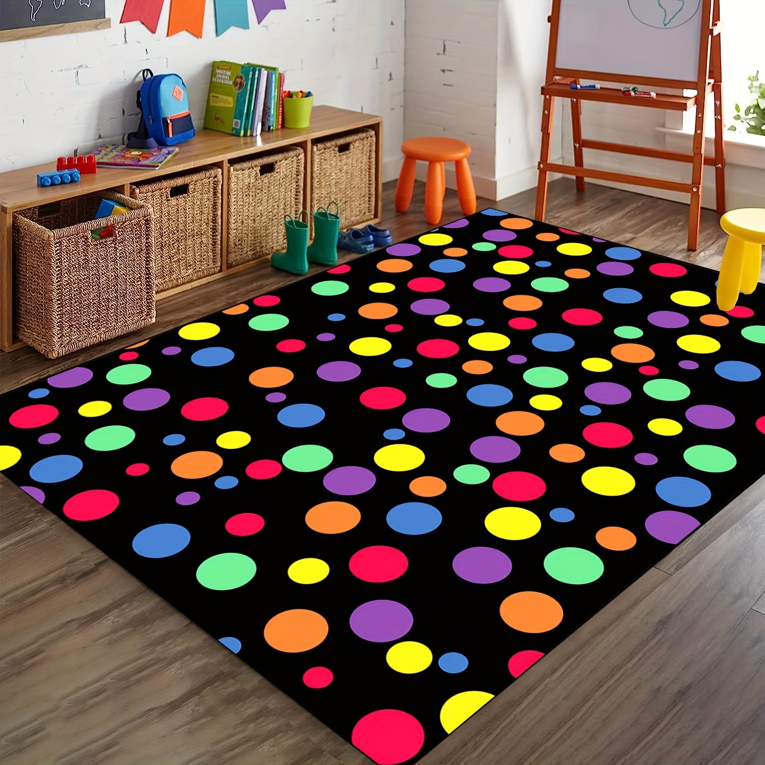 Colorful Rainbow Polka Dot Area Rug for Classroom or Kids' Room