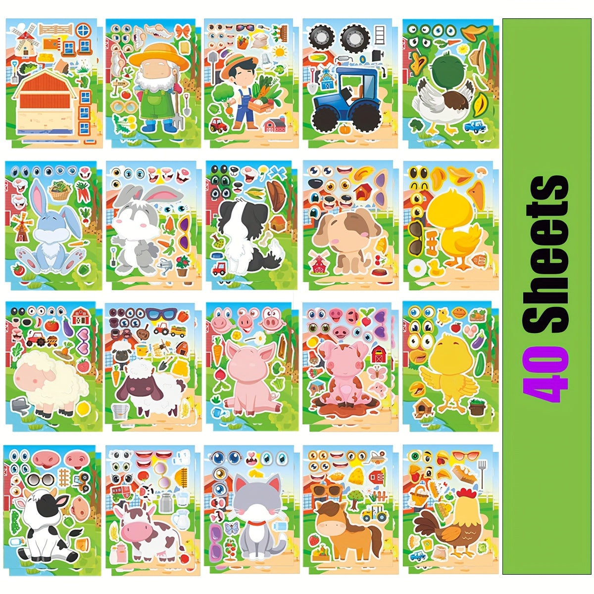 20 Sheets Farm Animal Stickers - Mix & Match Designs - Party Favors & Crafts