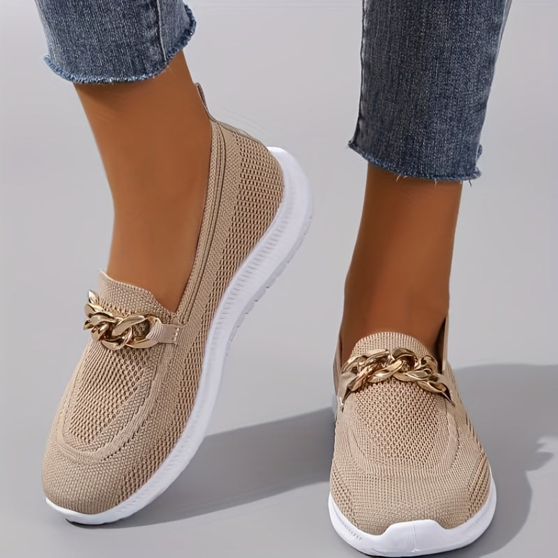 Women's Knitted Flat Shoes with Metal Chain Slip On Casual Walking Shoes