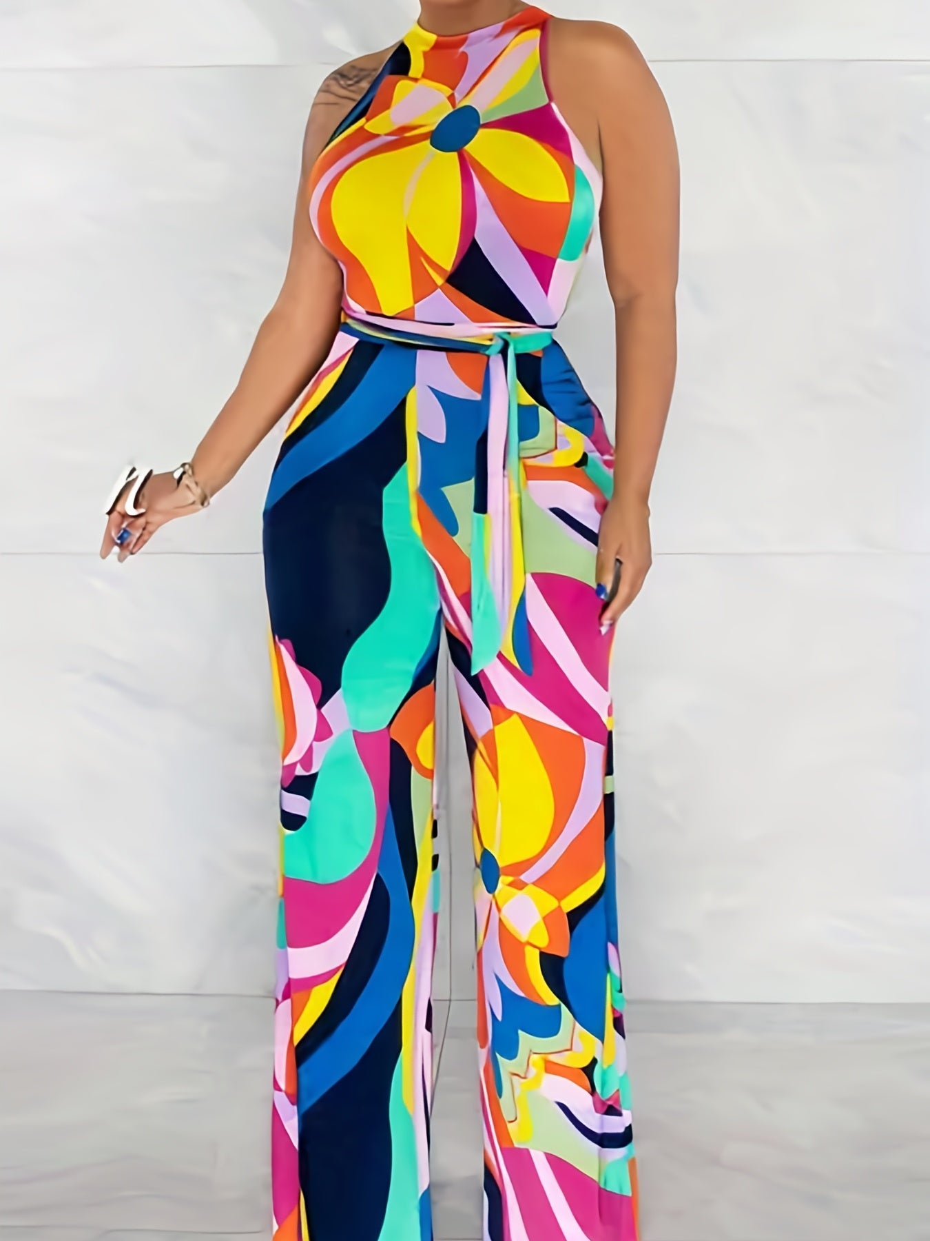 Abstract Floral Print Mock Neck Jumpsuit With Belt