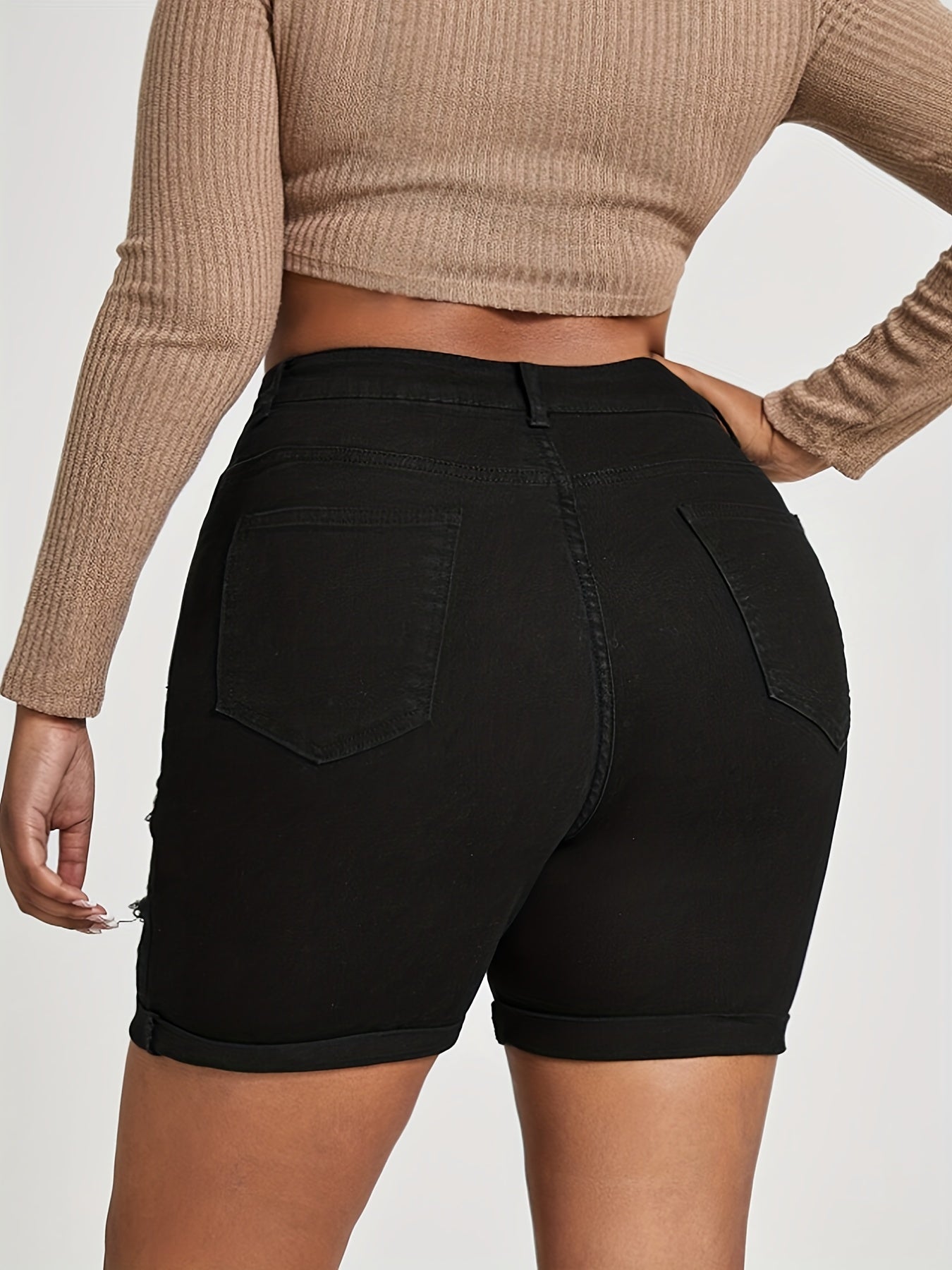 Casual Denim Shorts Women's Plus Solid Ripped Button Fly Denim Shorts
