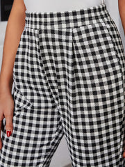 Gingham Print Slim Pants High Waist Long Length