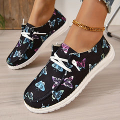 Colorful Butterfly Pattern Canvas Shoes Lightweight Lace Up Flats