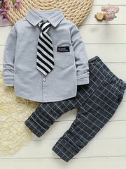 Boys Gentleman Shirt Suit Button Lapel Long Sleeve Shirt Tie Plaid Pants Set