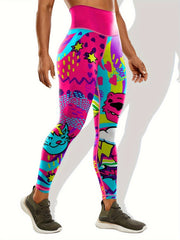 Graffiti Print Yoga Pants Tummy Control Sports Trouser