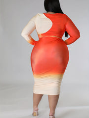 Women's Plus Ombre Print Long Sleeve Round Neck Midi Dress