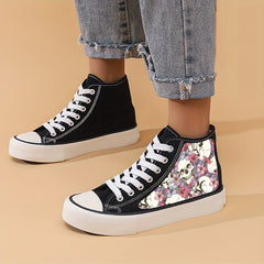 Skull & Flower Pattern High Top Skate Shoes Non Slip Lace Up Sneakers