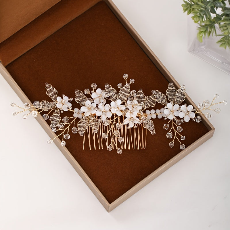 Golden Hair Comb Bridal Wedding Hair Accessories Floral Rhinestones