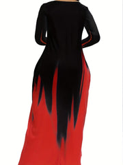 Ombre Print Long Sleeve V Neck Maxi Dress