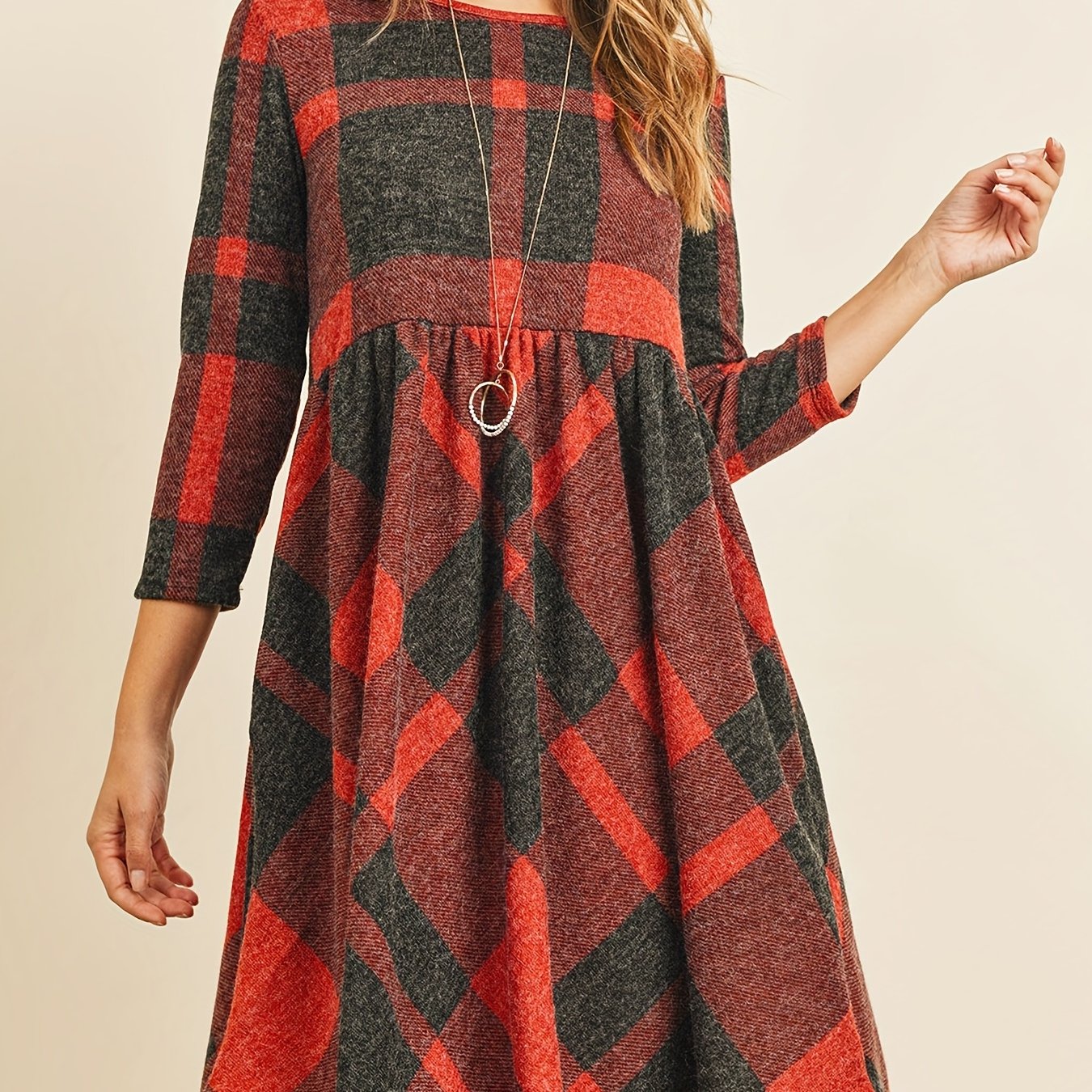 Plaid Print 3 4 Sleeve Dress Casual Vintage Crew Neck Dress Women's Clothing