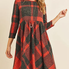 Plaid Print 3 4 Sleeve Dress Casual Vintage Crew Neck Dress Women's Clothing