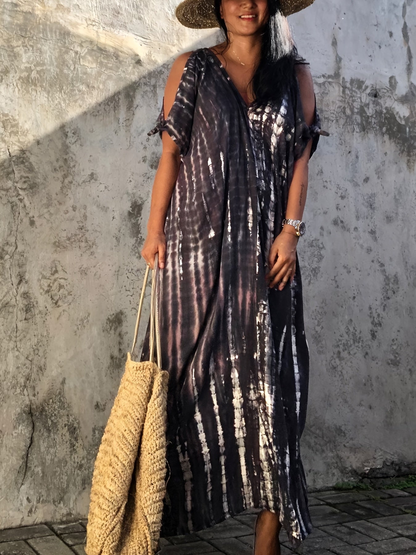Tie Dye Cover Up Dress Loose Fit V Neck Beachwear Caftan Women's Swimwear