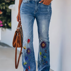 Floral Print Button Fly Flared Leg Stretch Jeans