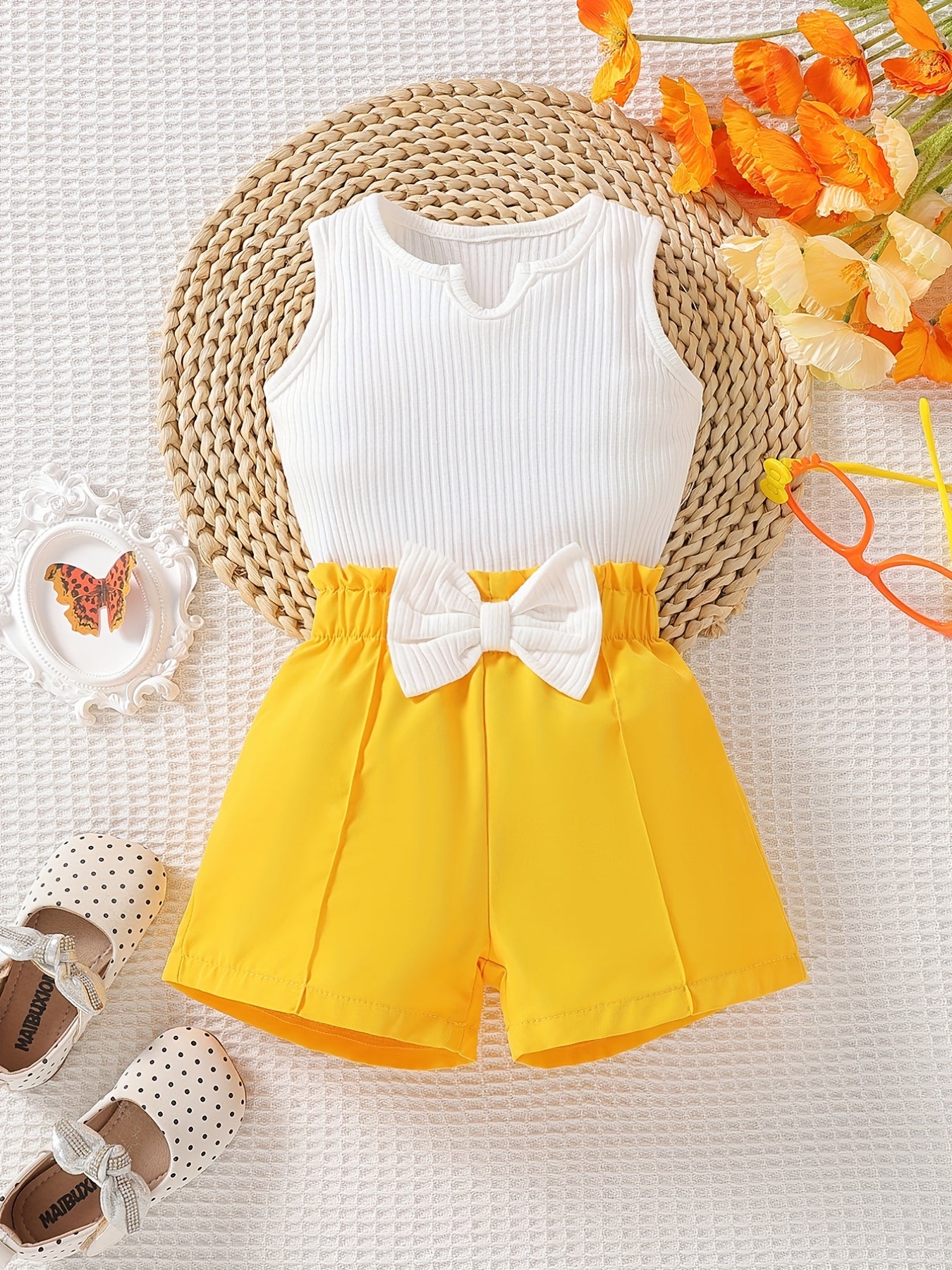 Striped Crop Top & Bow Shorts Set for Girls