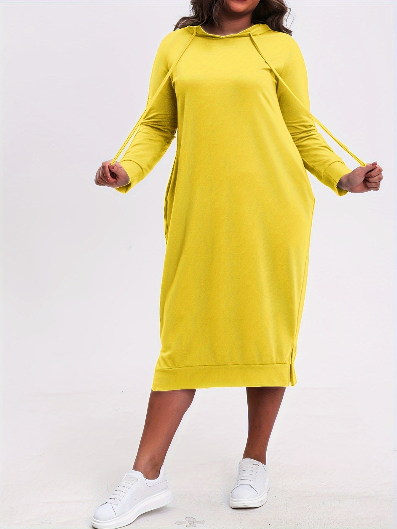 Solid Long Sleeve Hoodie Dress With Pockets