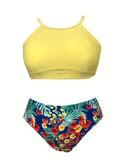 Casual Tankini Set Halter Neck Cami Bra & Floral Print Brief