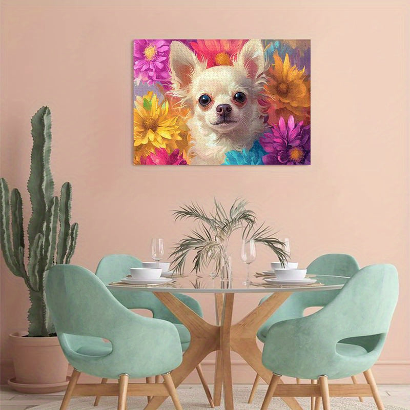 Chihuahua in Flower Bush Wooden Jigsaw Puzzle High Difficulty Level