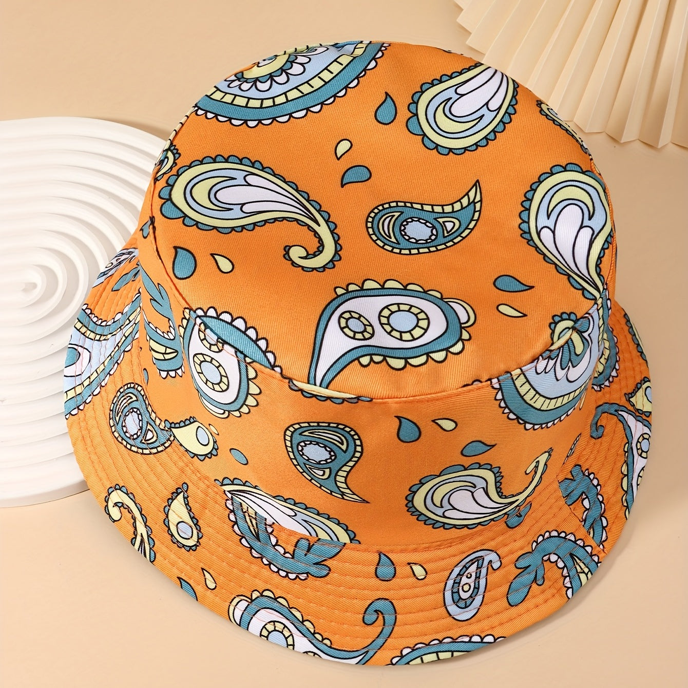 Cartoon Paisley Print Bucket Hat Orange Vintage Basin Hat